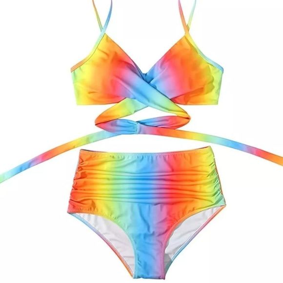 Summer sexy bikini print neon beach wear pool suim suit high waist tie multi col - Picture 2 of 6